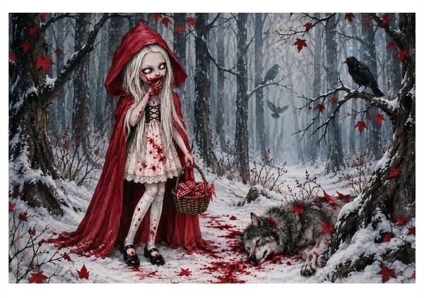 Quadro su tela – Cappuccetto Rosso insanguinato nel bosco invernale