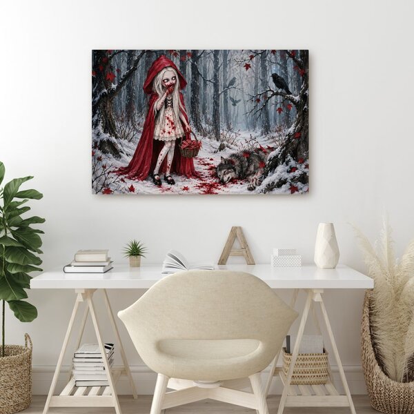 Quadro su tela – Cappuccetto Rosso insanguinato nel bosco invernale