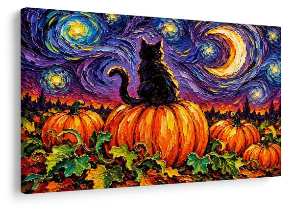 Quadro su tela – Gatto nero sulla zucca