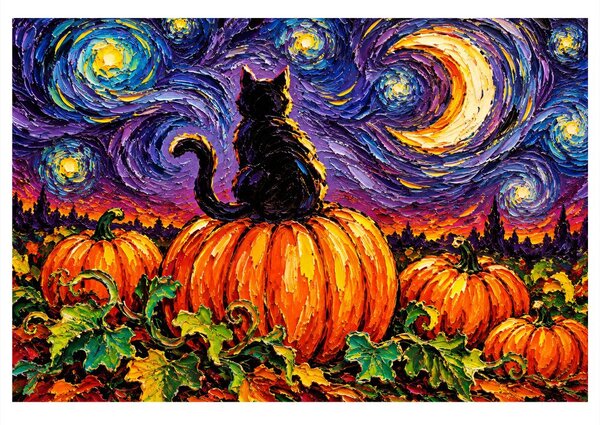 Quadro su tela – Gatto nero sulla zucca