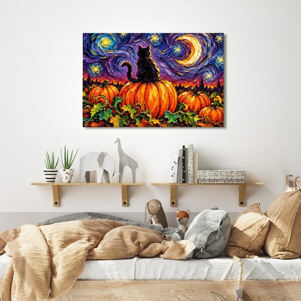 Quadro su tela – Gatto nero sulla zucca