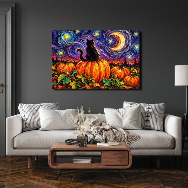 Quadro su tela – Gatto nero sulla zucca