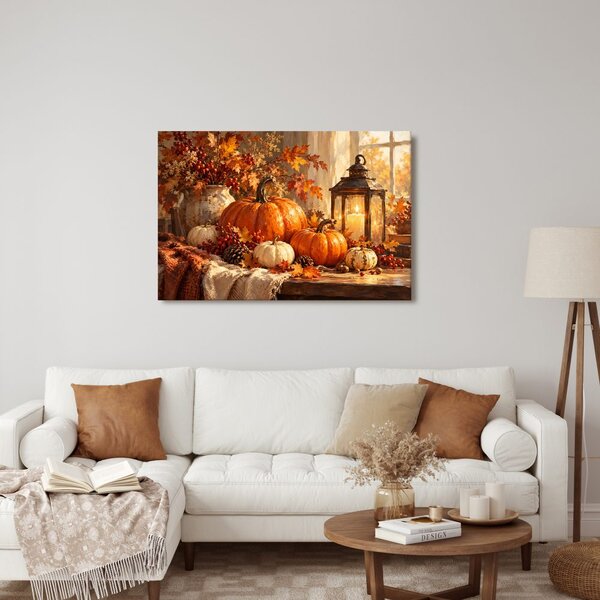 Quadro su tela – Zucche autunnali e lanterna calda