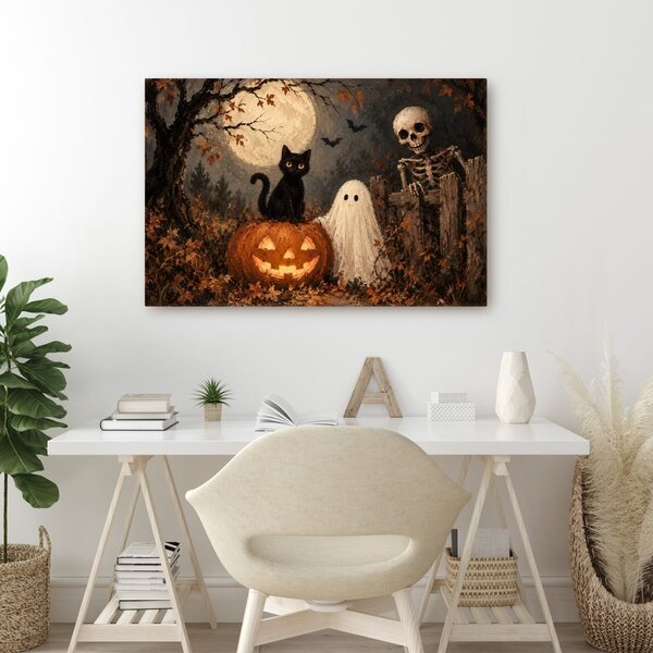 Quadro su tela – Gatto di Halloween con zucca
