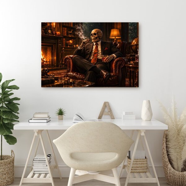 Quadro su tela – Scheletro in poltrona con sigaro
