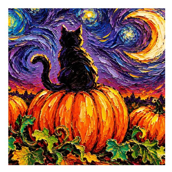 Quadro su tela – Gatto tra zucche e luna