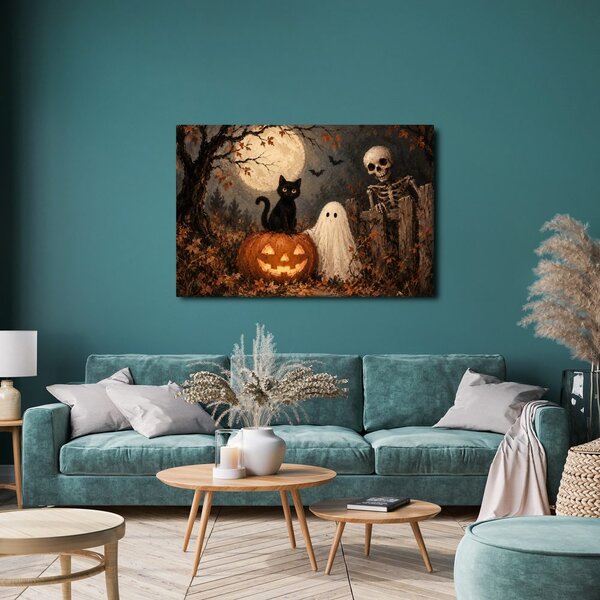 Quadro su tela – Gatto di Halloween con zucca
