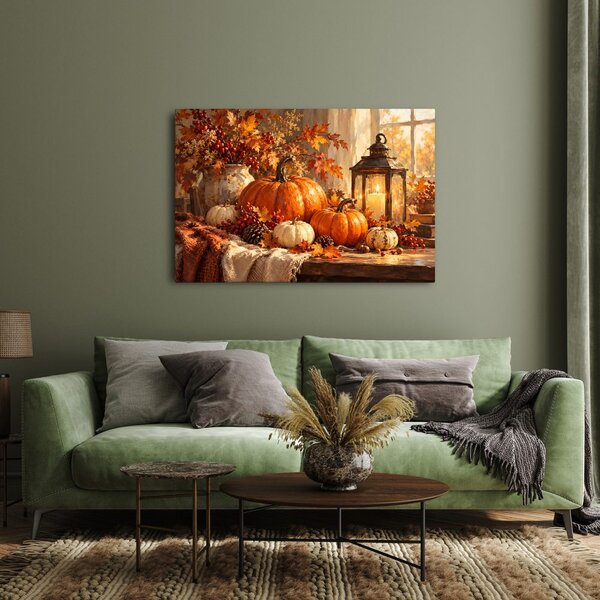 Quadro su tela – Zucche autunnali e lanterna calda