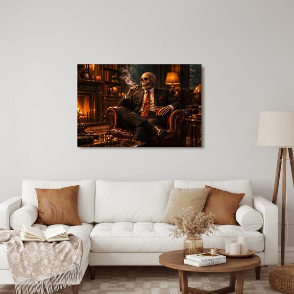 Quadro su tela – Scheletro in poltrona con sigaro