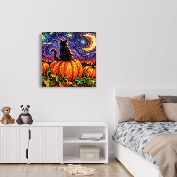 Quadro su tela – Gatto tra zucche e luna