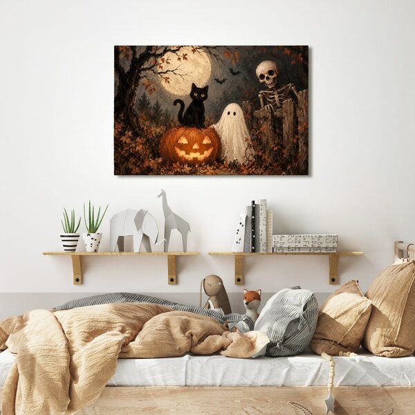 Quadro su tela – Gatto di Halloween con zucca