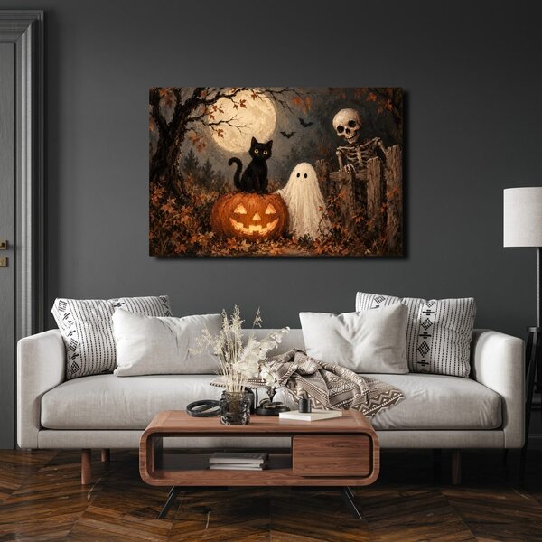 Quadro su tela – Gatto di Halloween con zucca