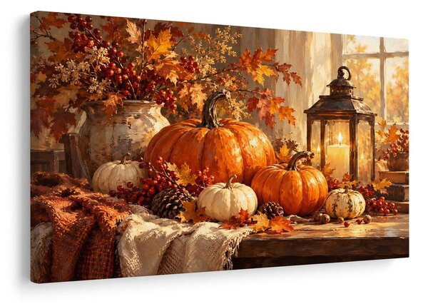 Quadro su tela – Zucche autunnali e lanterna calda