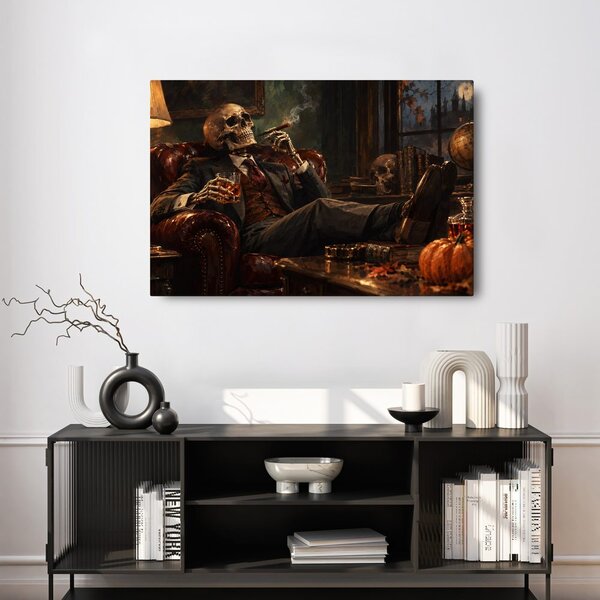 Quadro su tela – Scheletro con sigaro e whisky