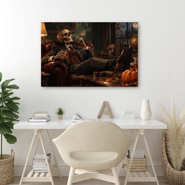 Quadro su tela – Scheletro con sigaro e whisky