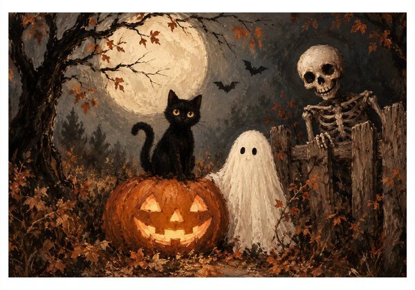 Quadro su tela – Gatto di Halloween con zucca