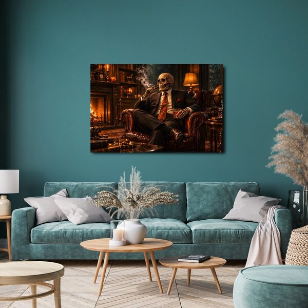 Quadro su tela – Scheletro in poltrona con sigaro