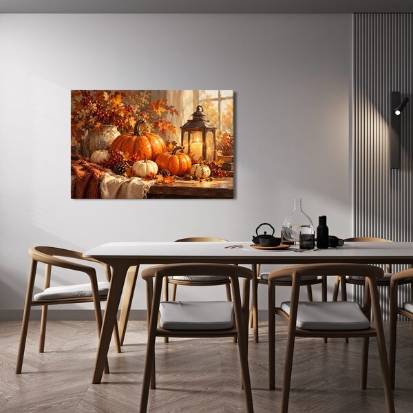 Quadro su tela – Zucche autunnali e lanterna calda