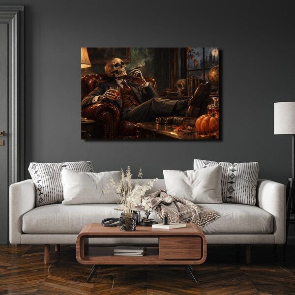 Quadro su tela – Scheletro con sigaro e whisky
