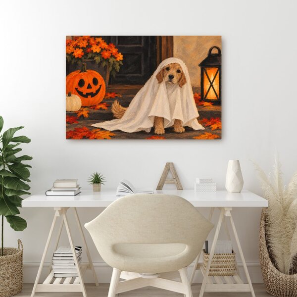 Quadro su tela – Cagnolino fantasma con zucca