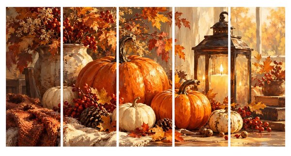 Quadri 5 pezzi – Natura morta autunnale con zucche
