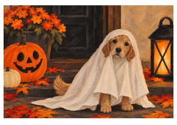 Quadro su tela – Cagnolino fantasma con zucca