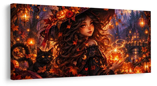Quadro su tela – Strega autunnale e gatto nero