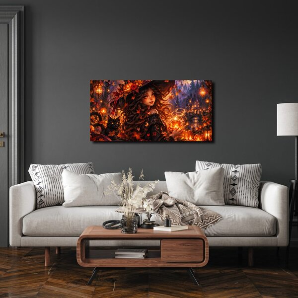 Quadro su tela – Strega autunnale e gatto nero
