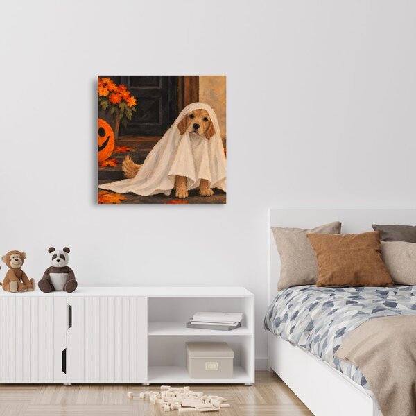 Quadro su tela – Cagnolino di Halloween sotto il lenzuolo