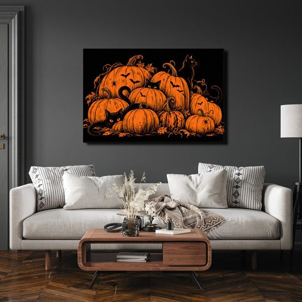 Quadro su tela – Zucche di Halloween con gatti neri