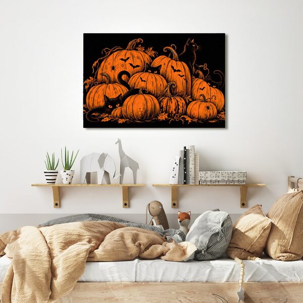 Quadro su tela – Zucche di Halloween con gatti neri