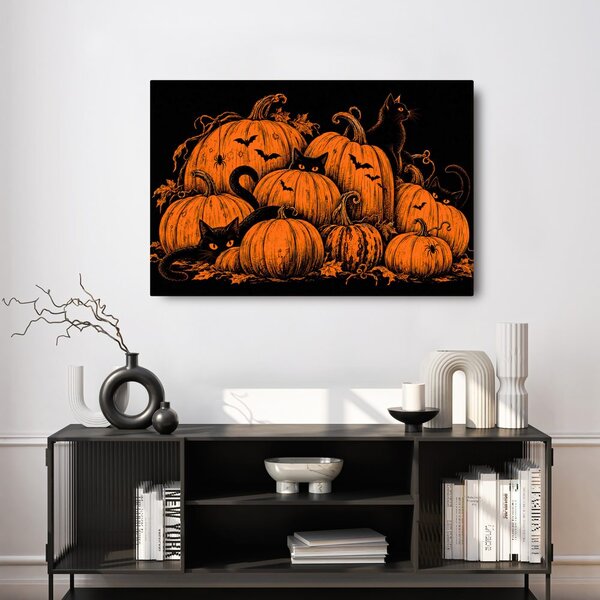 Quadro su tela – Zucche di Halloween con gatti neri