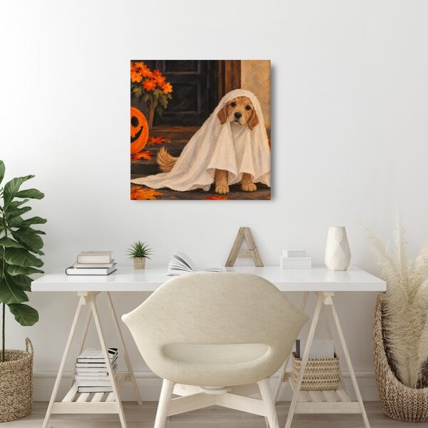 Quadro su tela – Cagnolino di Halloween sotto il lenzuolo