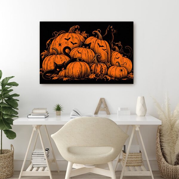 Quadro su tela – Zucche di Halloween con gatti neri