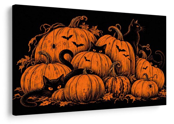 Quadro su tela – Zucche di Halloween con gatti neri