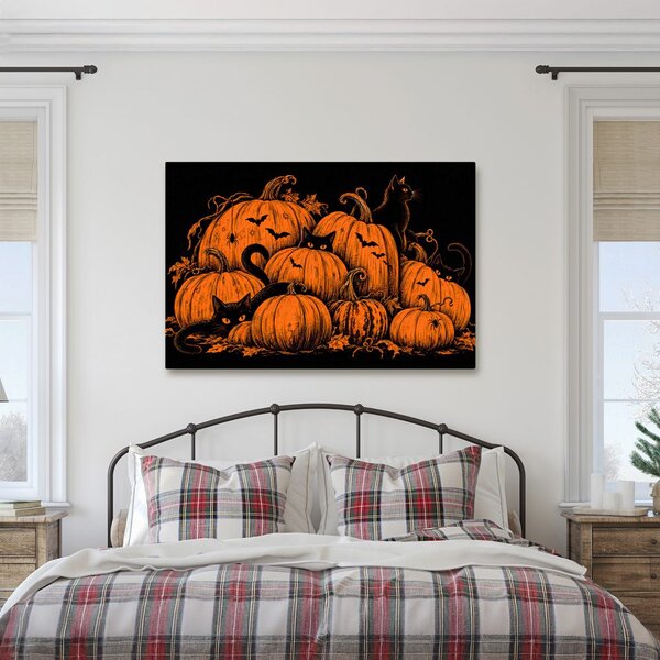 Quadro su tela – Zucche di Halloween con gatti neri
