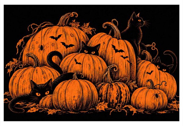 Quadro su tela – Zucche di Halloween con gatti neri