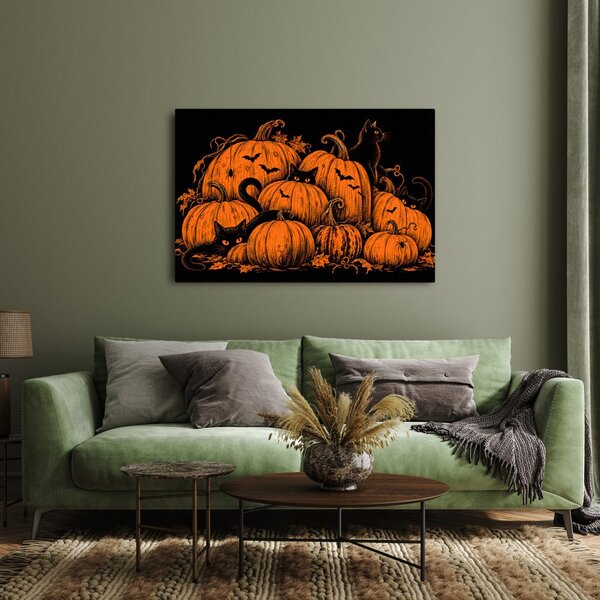 Quadro su tela – Zucche di Halloween con gatti neri