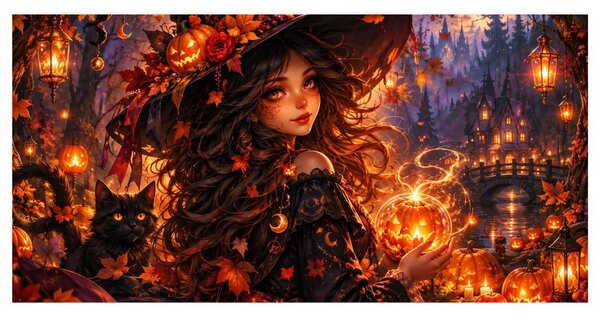 Quadro su tela – Strega autunnale e gatto nero
