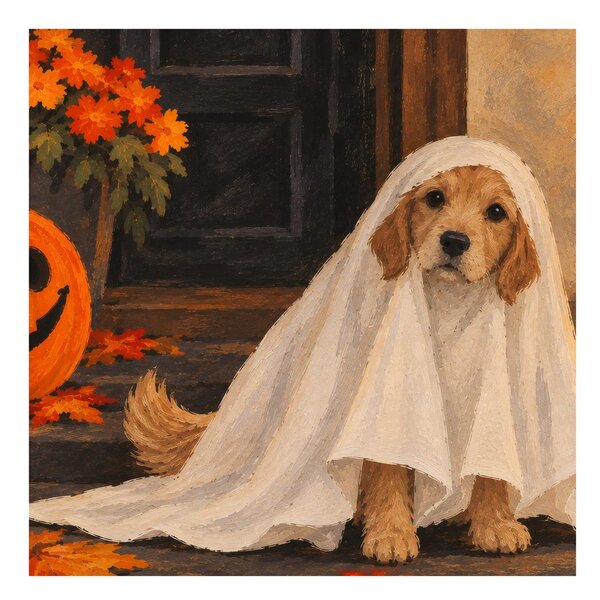 Quadro su tela – Cagnolino di Halloween sotto il lenzuolo