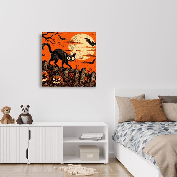 Quadro su tela – Gatto di Halloween tra le zucche