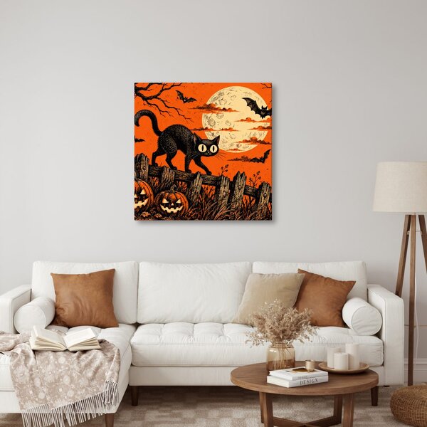 Quadro su tela – Gatto di Halloween tra le zucche