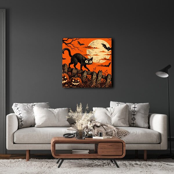 Quadro su tela – Gatto di Halloween tra le zucche