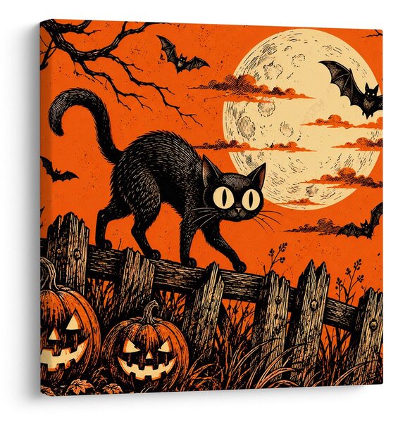 Quadro su tela – Gatto di Halloween tra le zucche