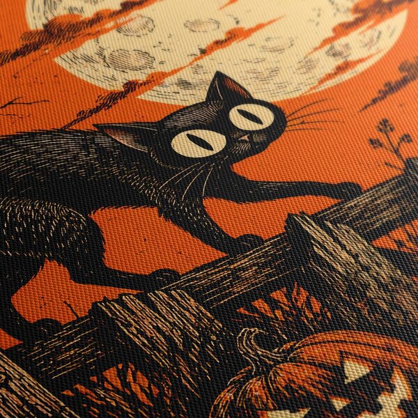 Quadro su tela – Gatto di Halloween tra le zucche
