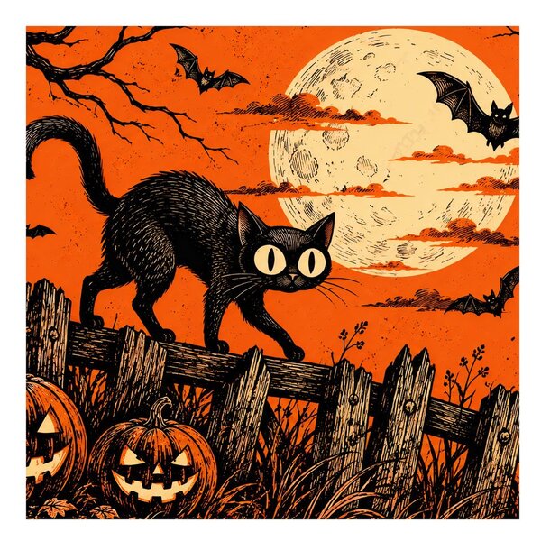 Quadro su tela – Gatto di Halloween tra le zucche