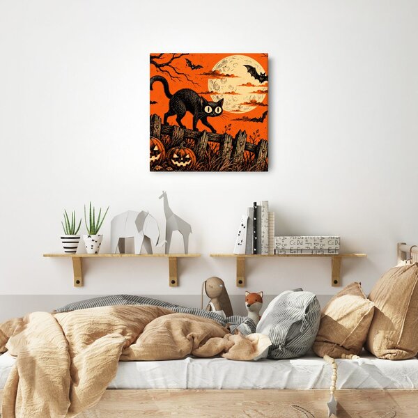 Quadro su tela – Gatto di Halloween tra le zucche