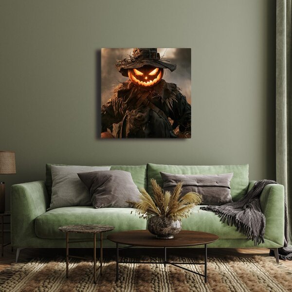 Quadro su tela – Spaventapasseri di Halloween in fiamme nel campo