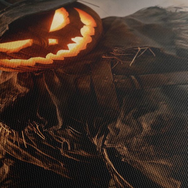 Quadro su tela – Spaventapasseri di Halloween in fiamme nel campo