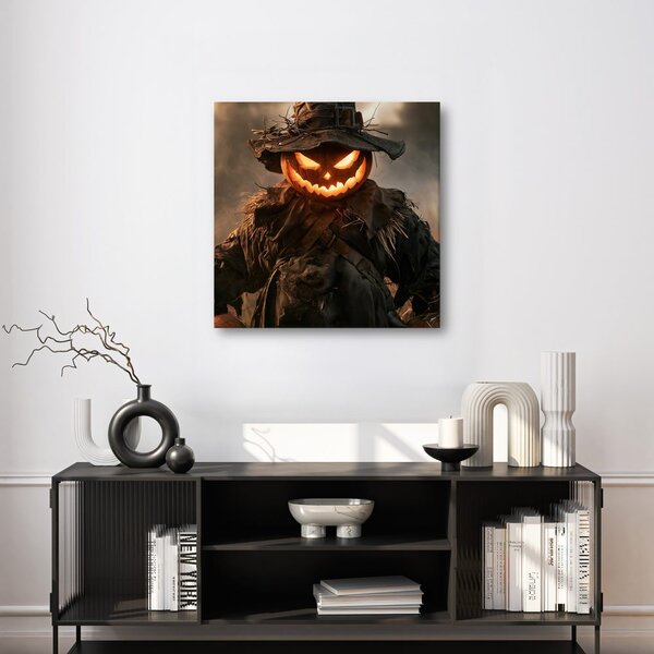 Quadro su tela – Spaventapasseri di Halloween in fiamme nel campo